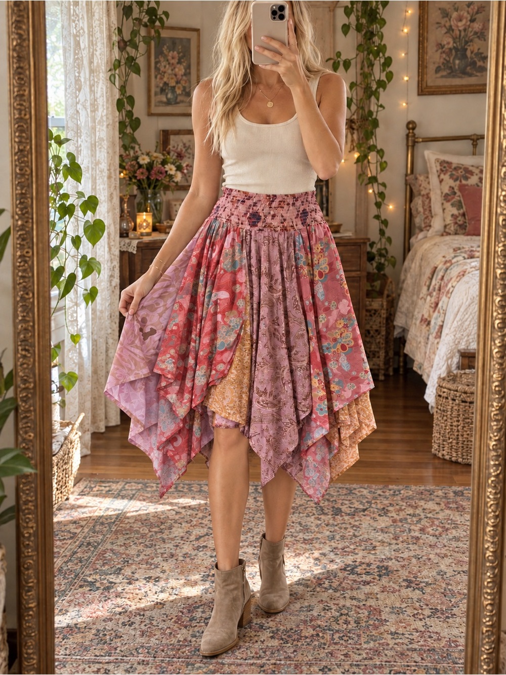 Sacred Threads Pink & Gold Boho Asymmetrical Handkerchief Hem Skirt